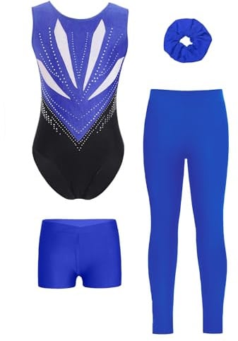 FEESHOW 4er Mädchen Gymnastikanzug Mit Hose Ärmelloser Farbblock Trikot Leggings Shorts Und Haargummi Set Kinder Turnen Tanzkleidung