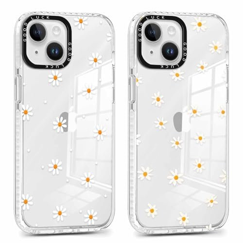 ZhuoFan 2 Stück Handyhülle für iPhone 14/iPhone 13 6,1, Aesthetic 3D Gänseblümchen lächelnd Muster Design Weiss Hülle Durchsichtig Silikon TPU Dünne Mädchen Junge Stoßfestes Cute Schutzhülle, 03