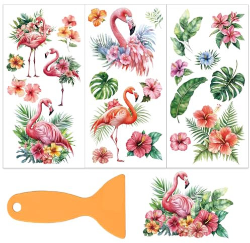 OLYCRAFT 3 Stück/Set Flamingo Transferfolien Zum Aufreiben Für Möbel Und Kunsthandwerk 15x30cm Tropische Blumen Möbelaufkleber Transferaufkleber Zum Aufreiben Mit 1 Teiligem Schaber Für Holzmöbel
