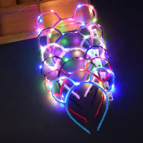 6 Pcs Mouse Ears Haarreif LED,Leuchtender Haarreif,Kopfschmuck Leuchtend,Leuchtkranz Haare,Blumenkranz Haare,Lichterkette Haare Schlager,Haarreifen Beleuchtet Party