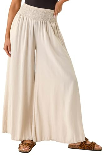 Roman Originals Shirred Wide Leg Palazzo Trouser for Women UK Ladies Stretch Pull On Elasticated Pants Summer Spring Casual Smart Holiday Vacation Party Bottoms - Stone - Size ONE