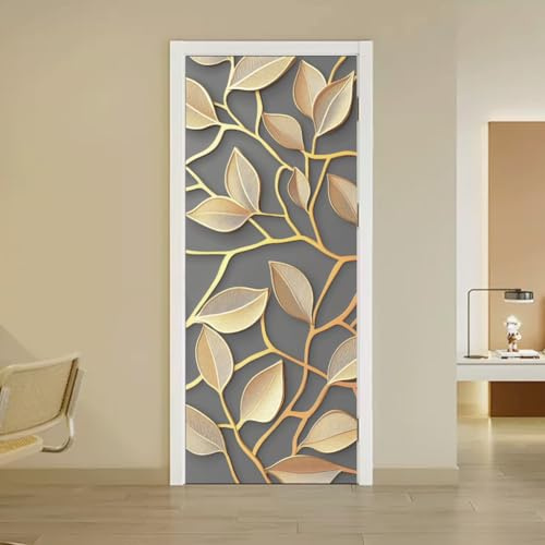 arricraft 2 Sheets Golden Tree Branches Self-Adhesive Door Sticker, 80cmx200cm/31.5x78.7inch Tree Branches Leaves Door Murals Stickers PVC Removable Wallpaper Decoration for Bedrooms ​Living Room