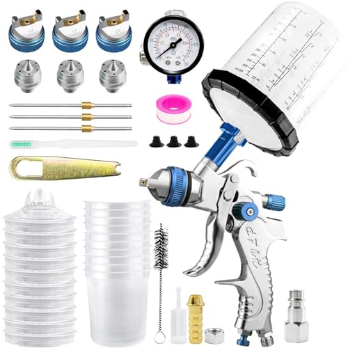 HVLP Spray Gun Air Paint Sprayer with 10pcs 650ML Disposable Paint Cup System 1.4/1.7/2.0 mm Nozzles Pressure Gauge Automotive Air Spray Gun for Cars, House DIY (BLUE-with 10pcs Disposable Paint Cup)