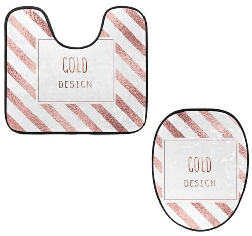 VAPOKF 2 Pieces Pedestal Bathroom Rugs Set, U-Shaped Contour Mat and Toilet Lid Cover, Soft Non-Slip Flannel Bathroom Mat Toilet Seat Cover - Gold Rose Texture Striped