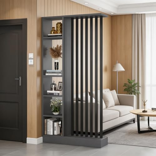 Raumteiler mit Regalen, Trennwand für den Eingangsbereich, Säule vom Boden bis zur Decke – freistehender Raumteiler mit Ablagefach, freistehende Dekoration für Schlafzimmer (A Black + Gray, 100cm)