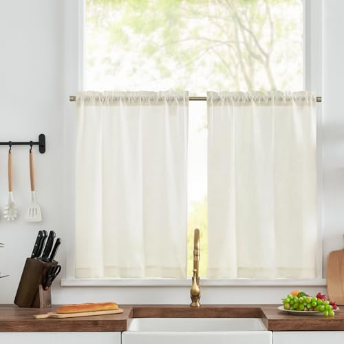 TOPICK Scheibengardinen Bistrogardine 2er Set Küchengardinen H75xB90 Weiß | Blickdicht Scheibengardinen modern Wohnzimmer Leinenoptik Gardine für Küchenfenster kurz Vorhänge Landhausstil Küchenvorhänge