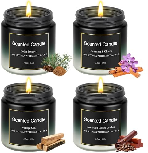 Duftkerze im Glas, Weihnachten Duftkerzen Geschenkset für Männer, 4 Düft Duftkerzen Set Natürlichem Sojawachs Aromatherapie Kerzen Set mit 100Std Brenndauer, Kleine Geschenke für Männer Kollegen