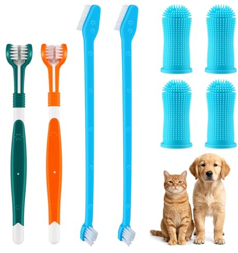 Wozzies 8 Stück Hundezahnbürste Set, 360º Zahnpflege Hund Wiederverwendbar, 4 Weichem Silikon Fingerzahnbürste Hund, 2 Doppelkopf Dog Zahnbürste, 2 Katzen Dreifachkopf Zahnbürste für Zahnpflege