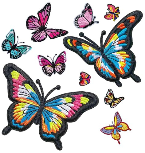 FrostyFlair Flicken zum Aufbügeln, 10 Stück Bunte Schmetterling Aufnäher, Bügelpatches für Kleidung, Taschen & Hüte, Lustige & Hübsche DIY Dekoration für Textilien
