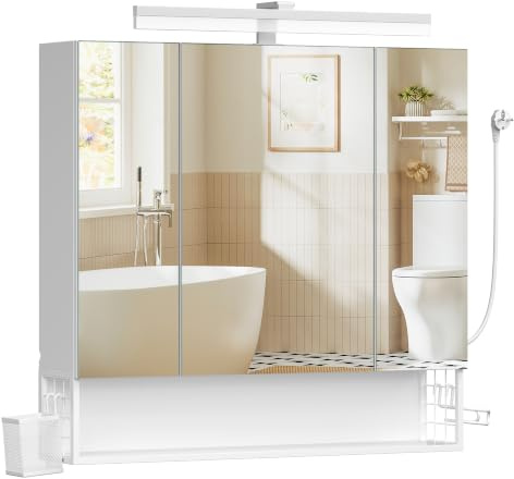 VASAGLE Spiegelschrank Bad mit Beleuchtung, Stecker, 3 Spiegeltüren | Wandschrank, Hängekorb, Haartrockner-Halter, 80 x 16,5 x 75 cm, weiß , DACEY Kollektion BBK146WB01
