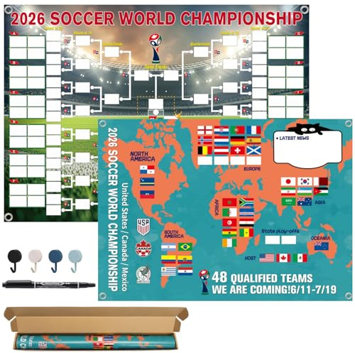 Affiche du calendrier de la Coupe du monde 2026, carte murale de tournoi 48 équipes et support de finale, tableau 2 en 1 double face, matériau PVC imperméable, comprend marqueur et crochets, cadeaux