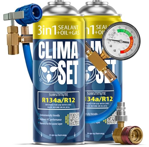 ClimaSet - 2 x 3-in-1 R134a Kältemittel, Öl, Dichtmittel & 1 x Schlauch mit Adapter - Klima Selbst Befüllen Set - Nachfüllset, Autoklima Nachfüllen - 340g