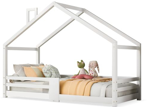 STAPERFO Kinderbett Hausbett 90x200 cm aus Massivholz – Bodenbett mit Rausfallschutz – Montessori-Tipi-Design mit Schornstein – weißes Kinderzimmerbett ohne Matratze