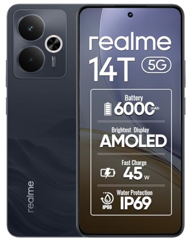 realme 14T 5G Smartphone, 8+256GB, Display AMOLED 6,67 120Hz FHD+, MediaTek Dimensity 6300, Fotocamera AI 50MP, Batteria 5130mAh, Ricarica Rapida 45W, IP69, NFC, Obsidian Black, 2 anni di garanzia