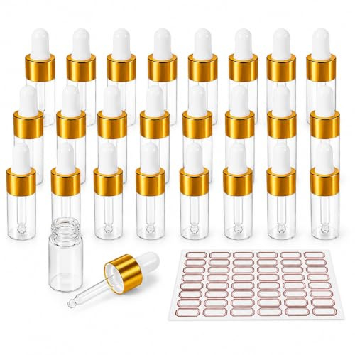 huoanpo 20PCS 3ml Dropper Bottles, Mini Glass Pipette Bottles with Labels | Clear Glass, Gold Caps, 3ml/48x16mm, Leak-Resistant Seal, for Perfume, Oils, Serums and Travel