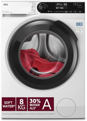 AEG Serie 9000 Waschmaschine 8 kg, AbsoluteCare Farbschutz, LR9G70480 | Wasservorenthärtung bewahrt leuchtende Farben, vollständige Fleckenentfernung in 59 Min bei 30 °C, Dampfprogramm, 1400 U/min