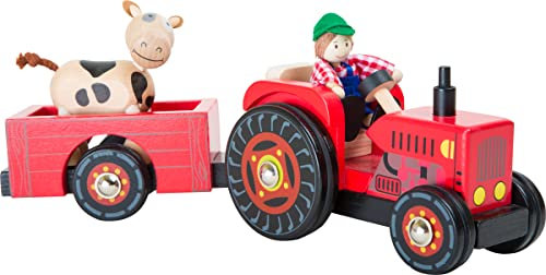 small foot Traktor mit Anhänger „Bauernhof“ aus Holz, mit Biegepuppen, Bauer und Kuh, ab 3 Jahren, 10316