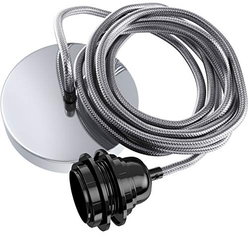 Hoopzi Hang Pendelleuchte, 1-flammig, 2,5 m Textilkabel | E27-Bakelitfassung, Stahlbaldachin, DCL-kompatibel, für Schlafzimmer, Wohnzimmer und Küche, Farbe: Metallgrau