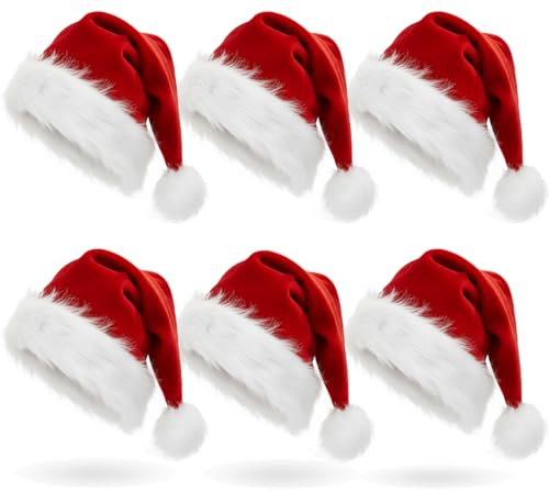 AOGU Weihnachtsmütze, Plüsch, bequem, Samt, Rot, 6 Stück