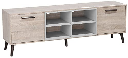 Meuble TV Cadre et 2 Portes Imitation Bois et Cases de Rangement Grises Pieds en Bois d'Hévéa 60 cm de Hauteur Beliani