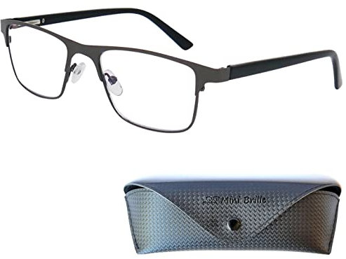 Metall Anti Blaulicht Brille Lesebrille mit rechteckigen Gläsern, Gratis Etui, Edelstahl Rahmen (Graphit), Eckige Blaulichtfilter Brille Herren und Damen +2.0 Dioptrien