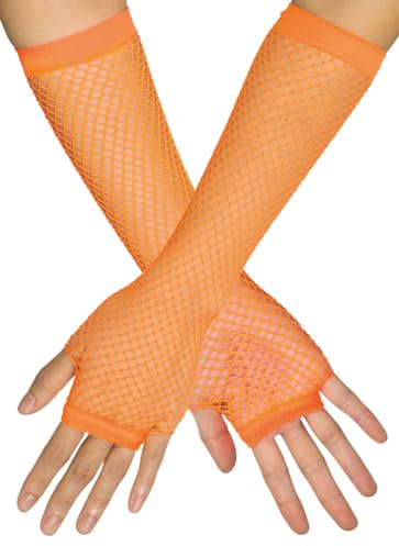 Lange Fingerlose Netzhandschuhe New York | Neon Orange - Fischnetz Damen Armstulpen Zubehör Mottoparty Halloween Karneval Elegant Gloves Theater Festival