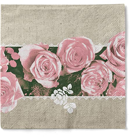 Mank Servietten aus Tissue 33 x 33 cm | 1/4 Falz Dinner Serviette | hochwertige Einmal-Serviette | 100 Stück | Lovely Roses (Rosa)