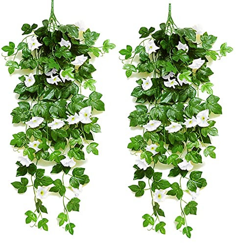 MJARTORIA 2PCS Artificial Wisteria Vine Artificial Hanging Flowers Fake Plants for Garden Fence Balcony Outdoor Inside Decoration (White flower-green, 90 cm)