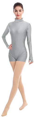 IMEKIS Damen Ballettanzug Langarm Spandex Bodysuit Rollkragen Ballett Tanzbody Leotard Einfarbig Einteiler Gymnastik Turnanzug Elastisch Trikot Bademode Sport Body Top Grau XS