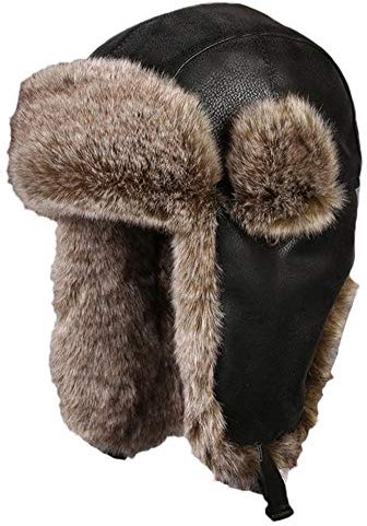 Cozomiz Kunstleder Wintermütze Warme Fliegermütze with Ohrenschützer für Herren Damen Fellmütze Kunstfell Russenmütze Pilotenmütze Hut Trappermütze für Ski Outdoor Schwarz Large