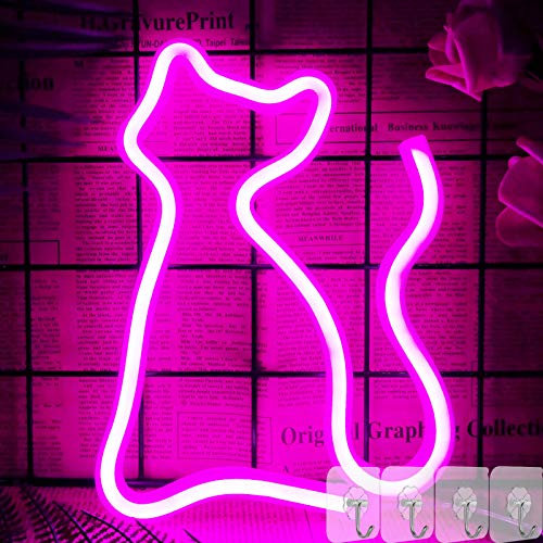 YIVIYAR LED Chat Néon Lampes Néon Mural Lumière, LED Rose Néon Enseignes au Veilleuse Avec Batterie ou Opération USB Décor Mural pour Noël, Fête d'anniversaire, Chambre, Décoration de Mariage(Cat)