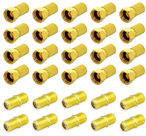 Elektronik-Technik F-Stecker 6,5-7 mm + F-Doppelbuchse Vergoldet Kupplung Sat TV Antennen Koaxialkabel Verbinder (20x F-Stecker + 10x Doppelbuchse)