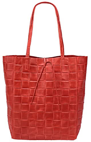SH Leder ® Damen Echtleder Shopper in geflochtene print mit Innentasche in vielen Farben Schultertasche Henkeltasche 37x29cm Kamilla G267 (Rot)