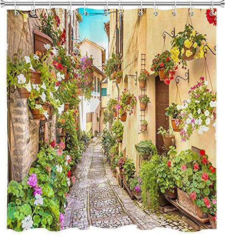 LB Blumen Straße Duschvorhang Antischimmel Wasserdicht Badezimmer Vorhänge Italien Stadt Pflanzen Landschaft 150x180cm Polyester Bad Vorhang mit Haken