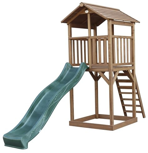 AXI Beach Tower Spielturm aus Holz in Braun | Spielhaus für Kinder mit grüner Rutsche und Sandkasten | Stelzenhaus für den Garten