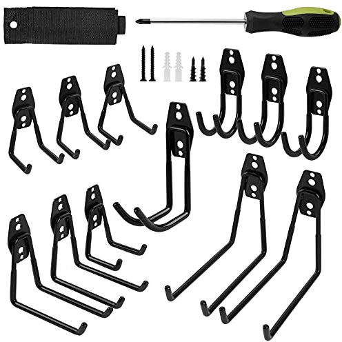 Faankiton 12 Pièces Crochet Rangement Garage, Crochet Garage Robustes avec Revêtement Anti-Dérapant, Crochets Muraux Garage (Noir, avec une sangle et un tournevis)