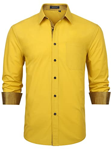 Enlision Shirts for Men UK Long Sleeve Mens Yellow Dress Formal Shirt Wing Collar Button Down Slim Fit Wrinkle Free for Wedding Business Work S