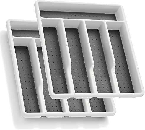 HaWare Plastic Cutlery Tray, 2 Pcs Cutlery Organiser with 5 Compartments, Non Slip Silverware Drawer for Home Kitchen Office, Utensils Tray for Spoon Fork Knife, 32.5x29x4.5cm, White & Grey