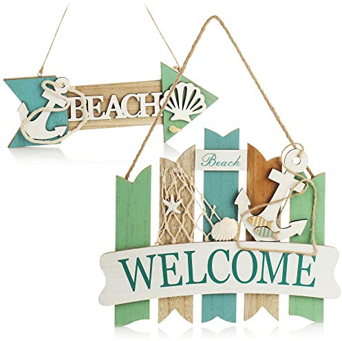com-four® 2x Hängedeko aus Holz - Türschild im Küsten-Design - maritime Vintage Wanddeko für Bad, Küche, Flur, Wintergarten, Gästezimmer - dekorativer Aufhänger (2 Stück - Zaun + Pfeil grün-blau)