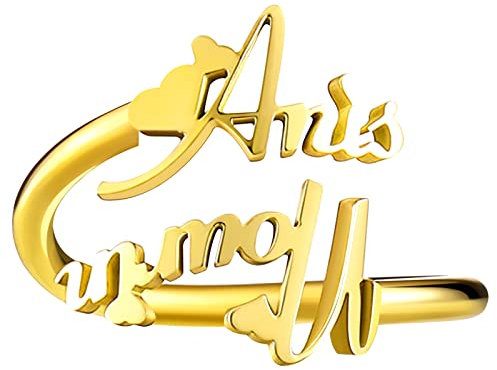 JewelryWe Schmuck Namensring Damen Personalisiert Ring mit 2 Namen und Herz Edelstahl Offen verstellbar Damenring Gold Geschenk für Freundin, Mutter, Schwester