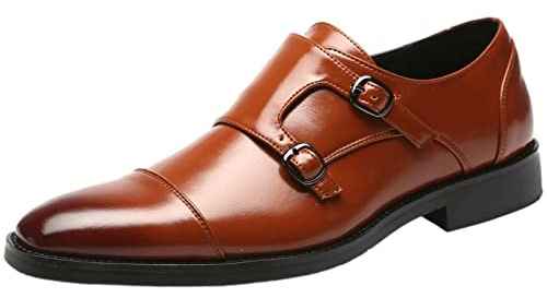 ANUFER Gentleman Smart Cap Toe Double Buckle Monk Shoes Faux Leather Formal Dress Shoes Brown SN070533 UK6