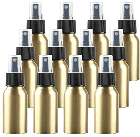 ZEOABSY 24 Piezas Pequeño 50ml Spray de Aluminio Oro Botella de Spray Vacía con Pulverizador Negro de Niebla Fina Atomizador para Perfume Aromaterapia Agua Líquidos Tamaño de Viaje, Embudo