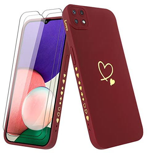Vauki Coque pour Samsung Galaxy A22 5G avec 2 Pièces Verre Trempé, Etui Fille avec Or Motif Coeur Souple TPU Silicone Antichoc Anti-Rayures Housse Compatible avec Samsung A22 5G, Bordeaux