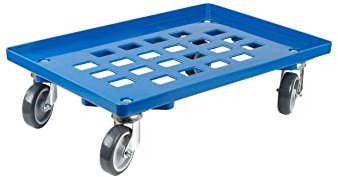 Transportroller für Euroboxen 60x40cm mit Gummiräder blau | Gitter/Rasterdeck | 2 Lenkrollen & 2 Bremsrollen | Traglast 300kg | Kistenroller Logistikroller Rollwagen Profi-Fahrgestell