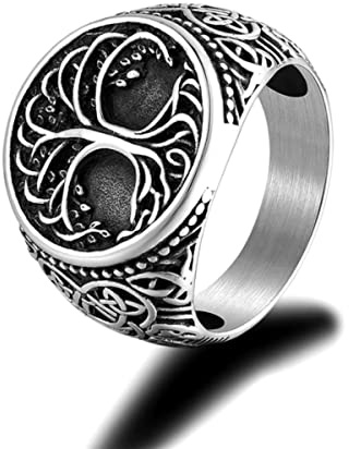 YAHOYA Retro Vikings Tree of Life Symbols Rings Men Antique Steel Norse Runes Celtic Knot Wolf Paw Amulet Ring Icelandic Charm Jewelry