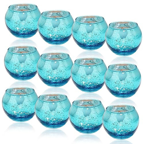 12 Pcs Photophore Verre Rond 5x5,5cm, Bougeoir Doré Rose Bleu Coloré Vintage avec Mouchetée, Porte Bougie Decoration Table, Supports Bougies Chauffe-Plat pour Votive Mariage Anniversaire Fête (Bleu)