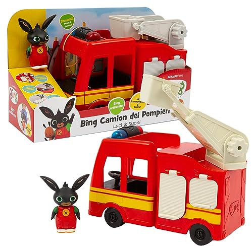 Giochi Preziosi Bing Camion Pompieri Giocattolo, con Luci Lampeggianti e Suoni, Scala Estensibile e Porte Apribili, Giochi Bambini 18 Mesi +, Comprende Personaggio Bing Articolato