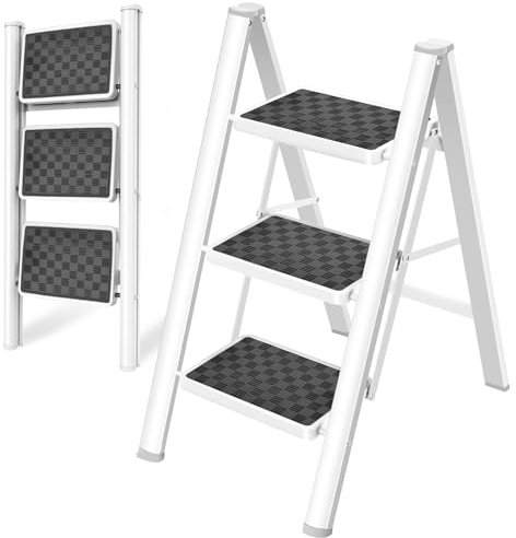 HBTower 3 Step Ladder Folding Step Stool, 330 Lbs Capacity Step Stool for Adults,Lightweight Portable Folding Step Stool Ladder with Anti-Slip Wide Pedals Household Office, White
