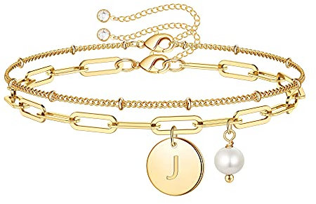 TINGN Armband Damen Gold, Zierlich Gold Doppelschichtiges Layered Charm Armband mit Buchstaben J Personalisiertes Armband Gliederkette Armkette Perlenarmband Armschmuck Geschenke für Frauen Mädchen