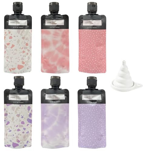 MEMOFYND 6 bottiglie da viaggio da 90 ml e 1 imbuto, beauty case per il viaggio, sacchetti per liquidi imbottigliati, contenitori per cosmetici per la conservazione divisa (rosa, viola)